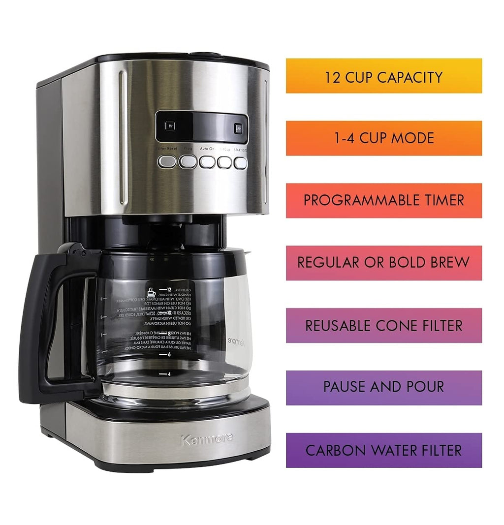 12 Cup Programmable Drip Coffee Maker with Glass Pot, Black U998017