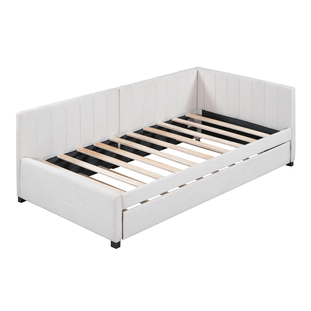 Twin Size Upholstered Daybed with Trundle Linen Fabric Wooden Sofa Bed Frame B69326