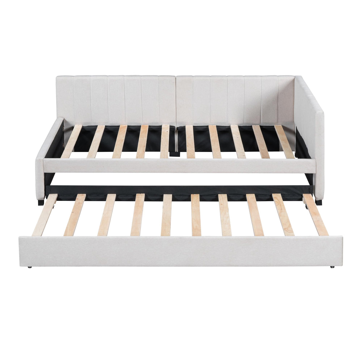 Twin Size Upholstered Daybed with Trundle Linen Fabric Wooden Sofa Bed Frame B69326