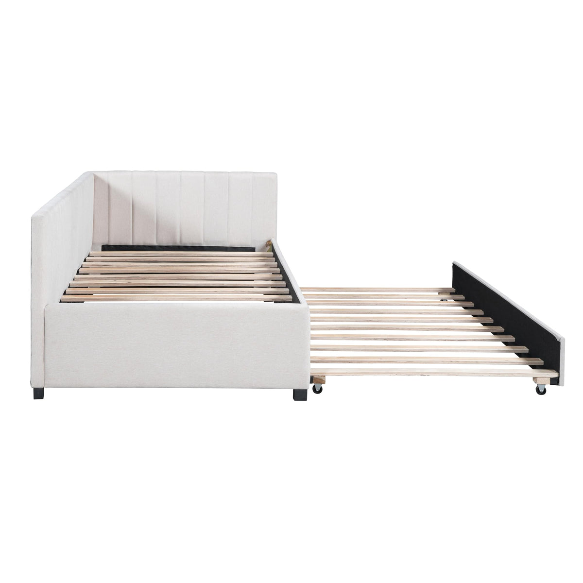 Twin Size Upholstered Daybed with Trundle Linen Fabric Wooden Sofa Bed Frame B69326