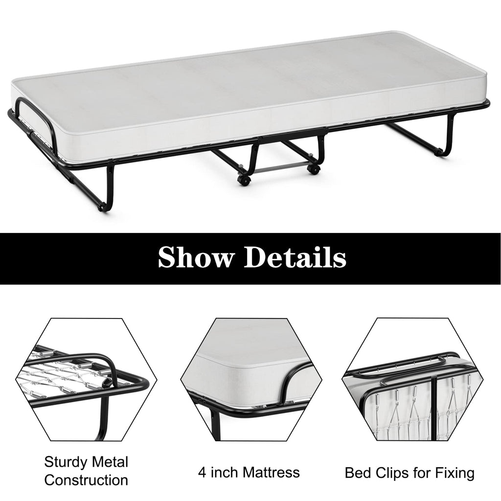 Folding Bed with Memory Foam Mattress and Metal Frame on Wheels X3481