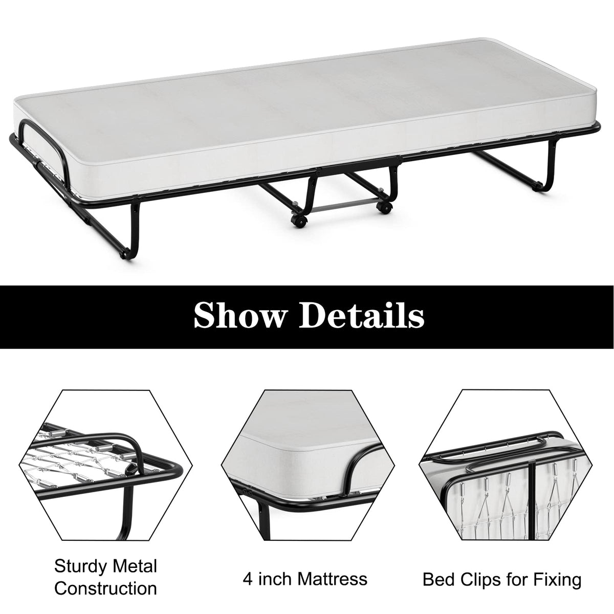 Folding Bed with Memory Foam Mattress and Metal Frame on Wheels X3481
