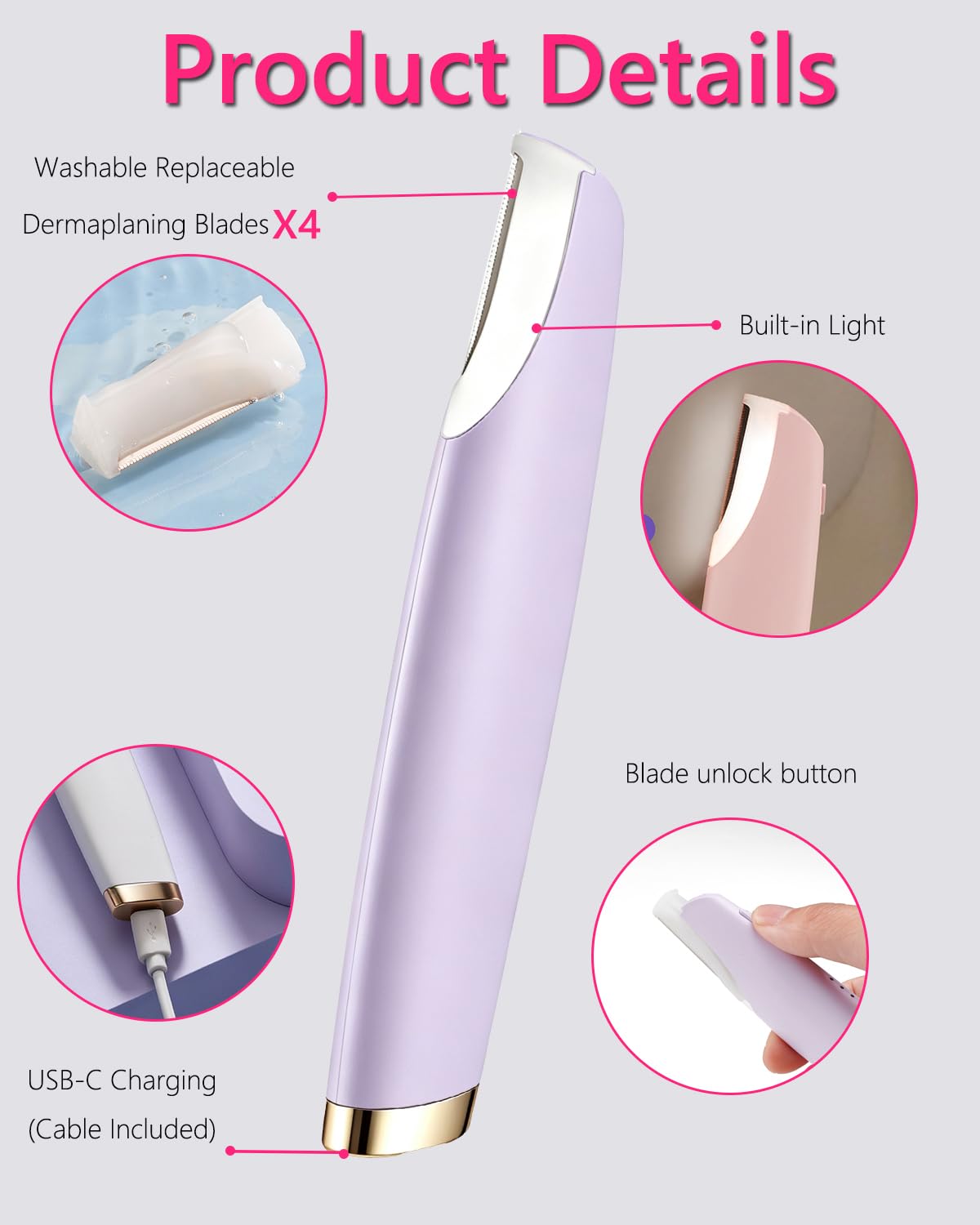 Sonic Facial Hair Remover with LED Light, 4 Replacement Blades C18827