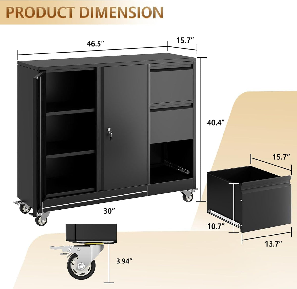 47" H 3 Drawer Black Rolling Metal File Cabinet with Adjustable Shelf & Wheels X327200