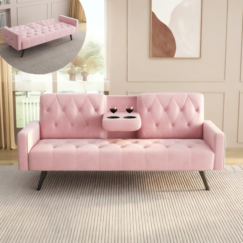 Pink Velvet Convertible Sofa Bed with Cup Holders A735