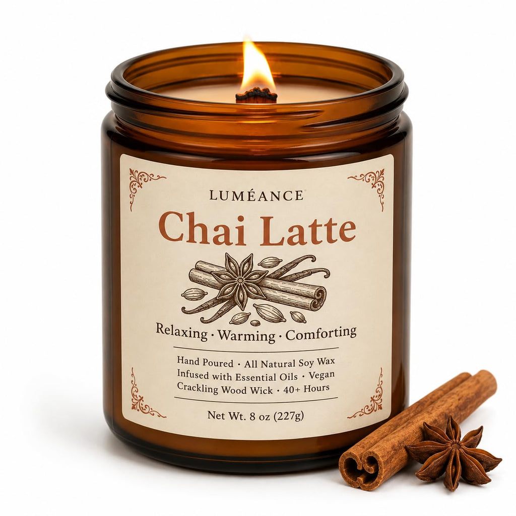 Chai Latte Scented Candle, 8 oz, Soy Wax, Crackling Wood Wick I6316