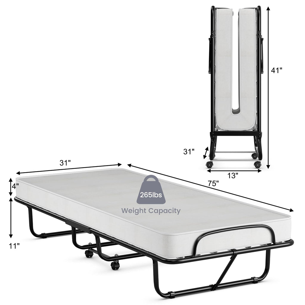 Folding Bed with Memory Foam Mattress and Metal Frame on Wheels X3481
