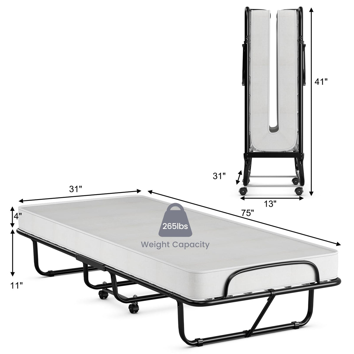 Folding Bed with Memory Foam Mattress and Metal Frame on Wheels X3481