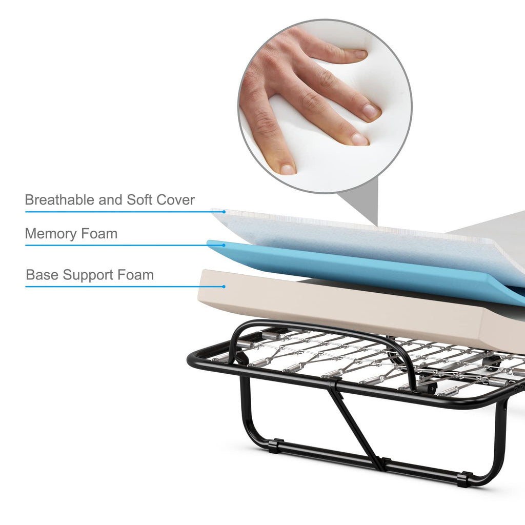 Folding Bed with Memory Foam Mattress and Metal Frame on Wheels X3481