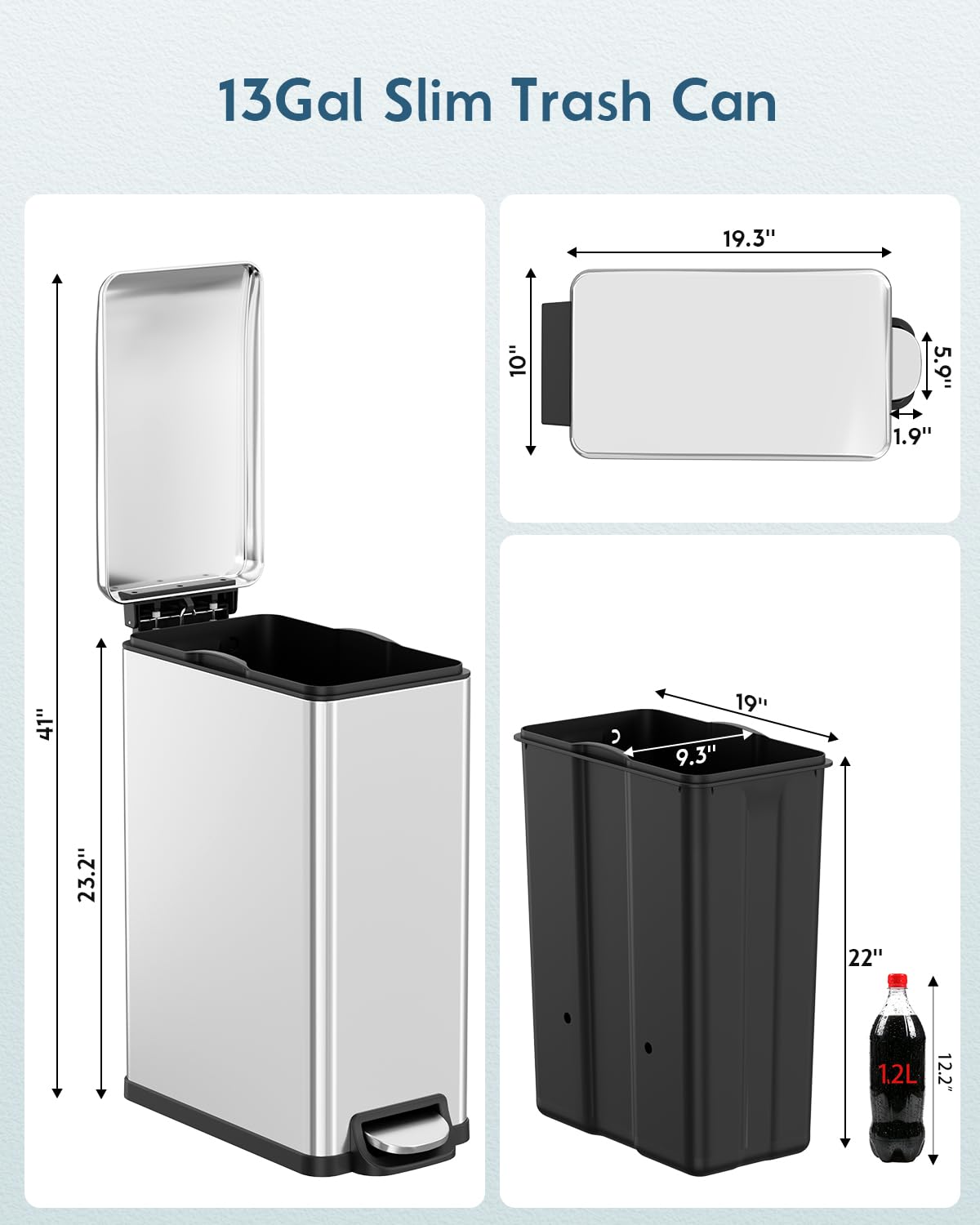 13.2 Gal Stainless Steel Slim Kitchen Trash Can Z340