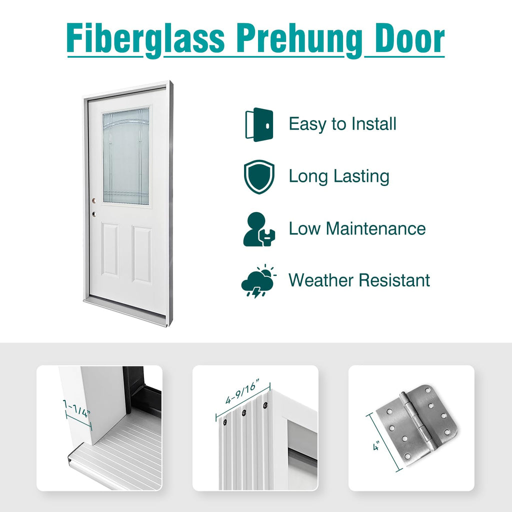 White Fiberglass Prehung 36" x 80" Entry Door Z53148