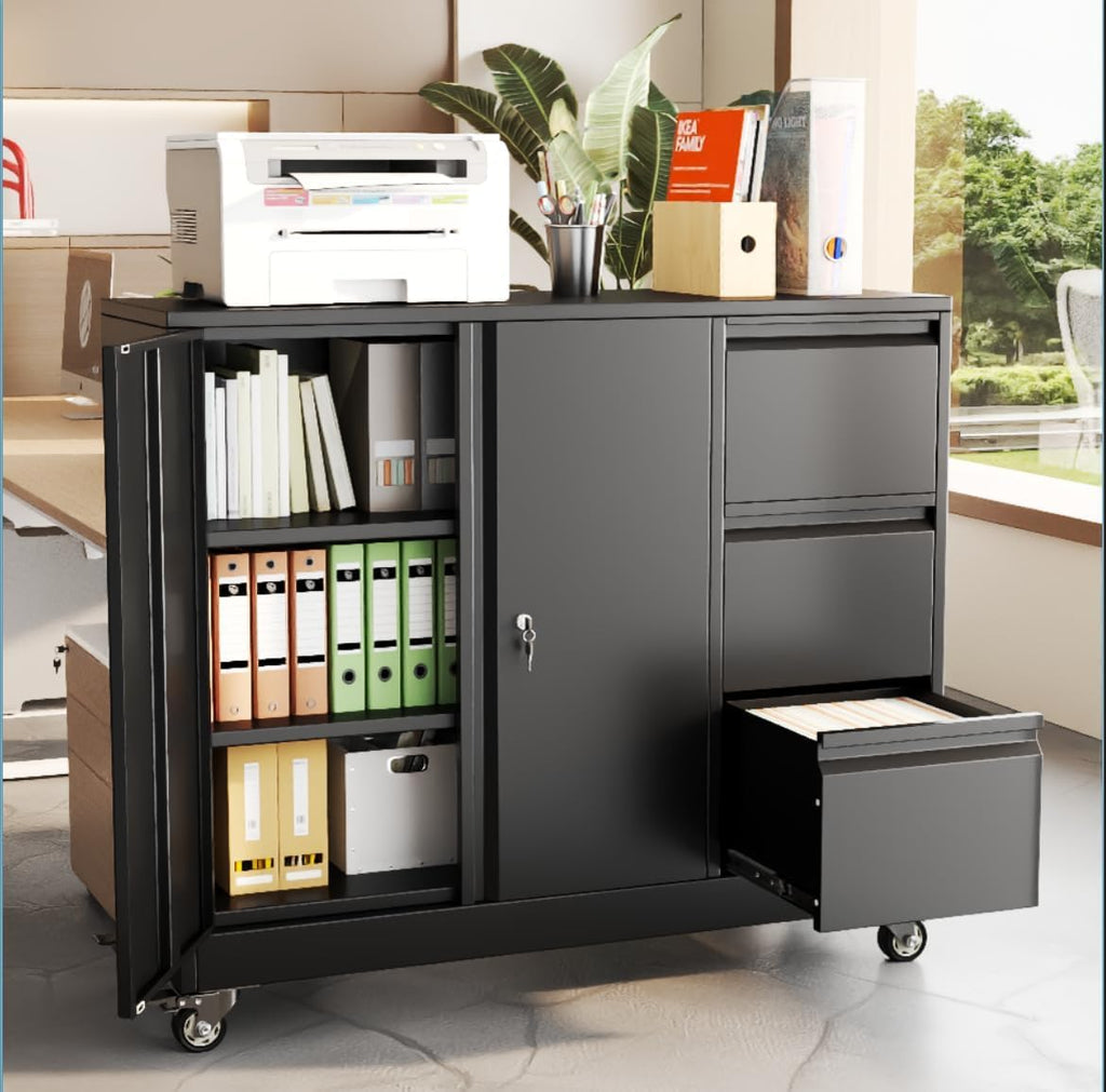 47" H 3 Drawer Black Rolling Metal File Cabinet with Adjustable Shelf & Wheels X327200