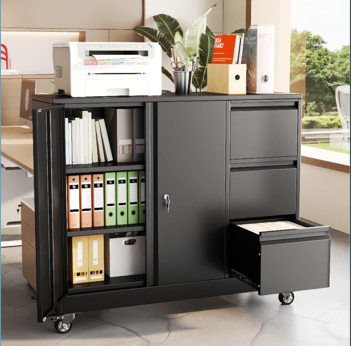 47" H 3 Drawer Black Rolling Metal File Cabinet with Adjustable Shelf & Wheels X327200