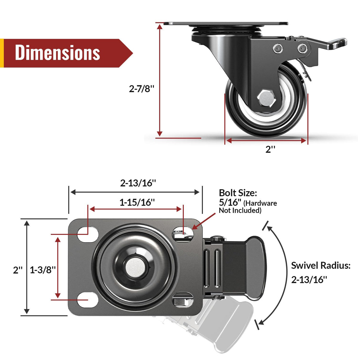 2 Inch Heavy Duty PU Caster Wheels, Set of 4 P9333