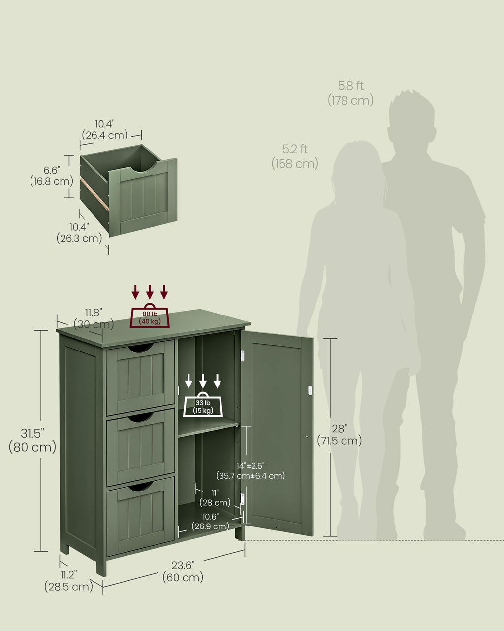 Forest Green 3 Drawer Bathroom Floor Storage Cabinet S782174