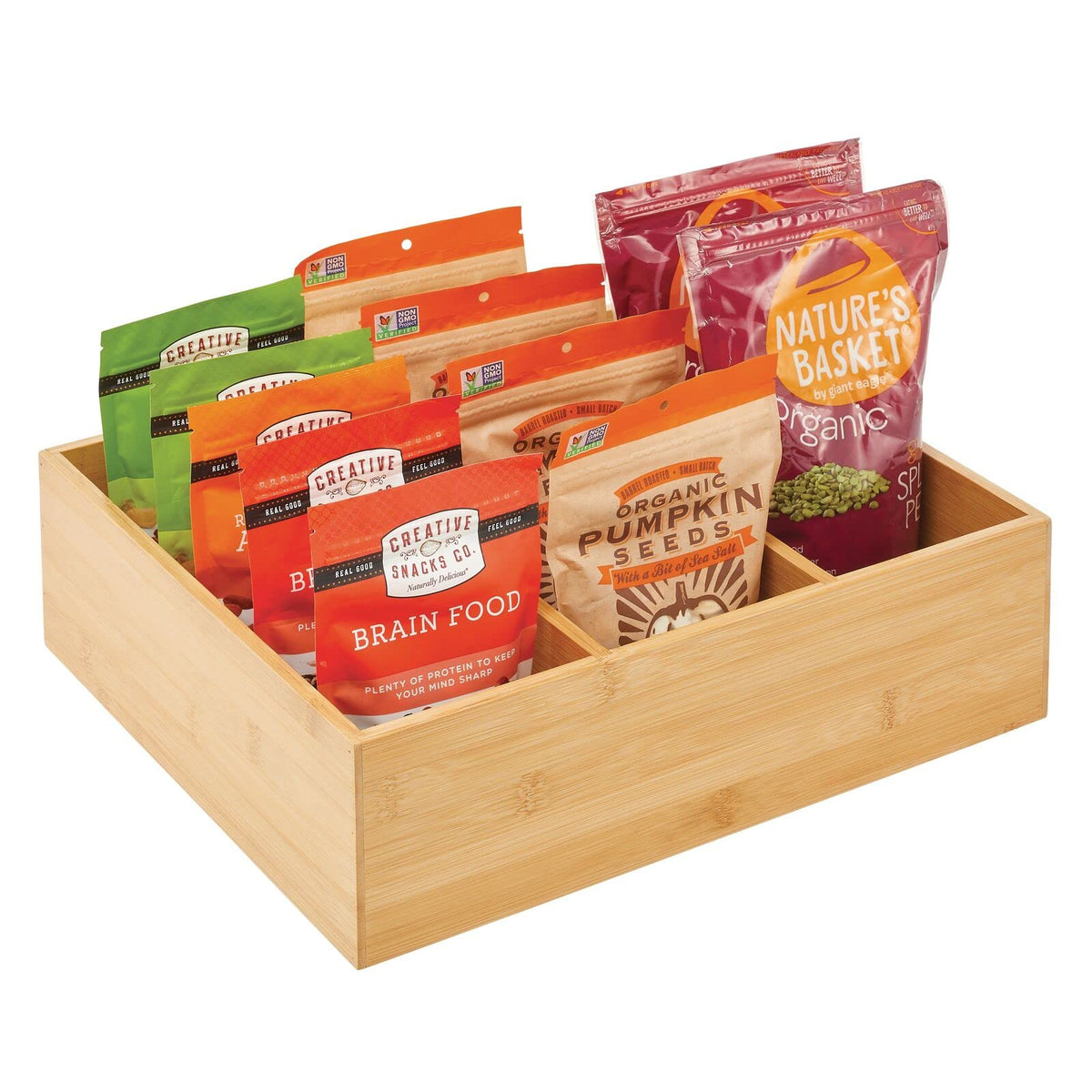 Bamboo 3 Section Stackable Pantry Organizer Bin, 2 Pack H957509