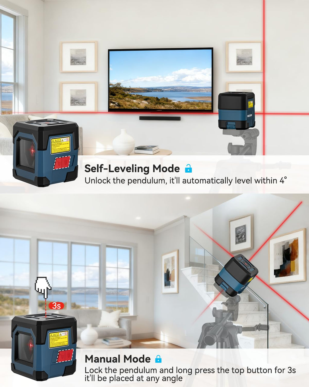 Cross Line Laser Level with Self-Leveling, Vertical and Horizontal Line, 360 Degree, Carrying Pouch, Battery Included B5872