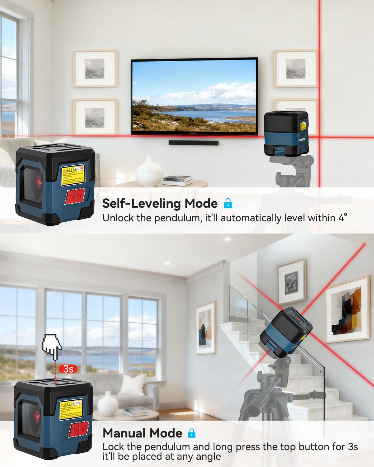 Cross Line Laser Level with Self-Leveling, Vertical and Horizontal Line, 360 Degree, Carrying Pouch, Battery Included B5872