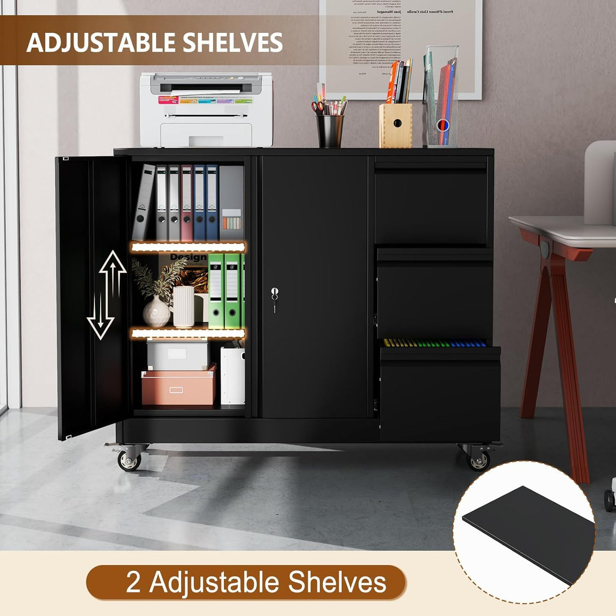 47" H 3 Drawer Black Rolling Metal File Cabinet with Adjustable Shelf & Wheels X327200