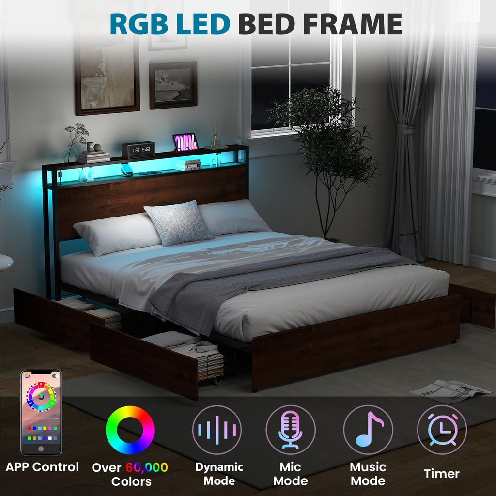 Queen Size Bed Frame with 4 Storage Drawers S345611