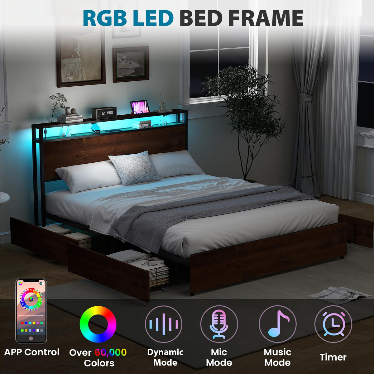 Queen Size Bed Frame with 4 Storage Drawers S345611