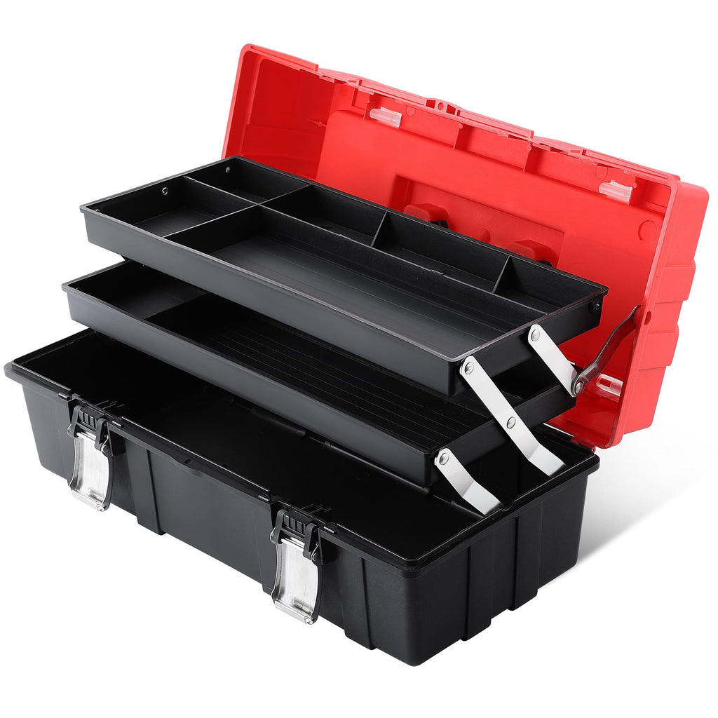 16-Inch Three-Layer Folding Plastic Tool Box with Tray and Dividers R137011