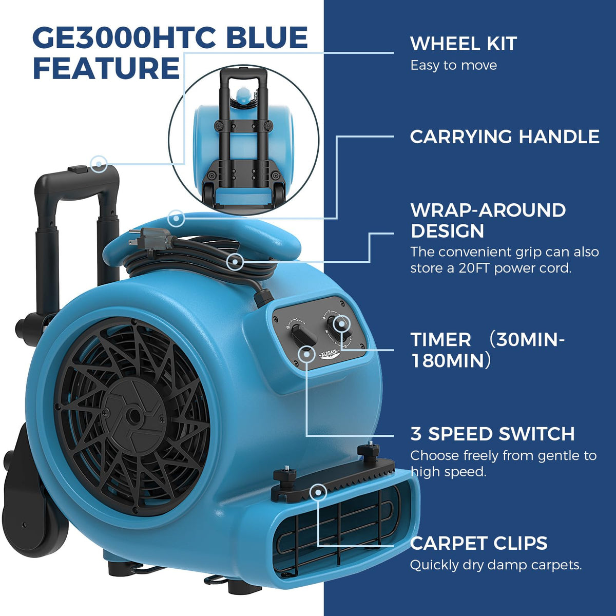 3 Speed Air Mover Carpet Drying Fan D658