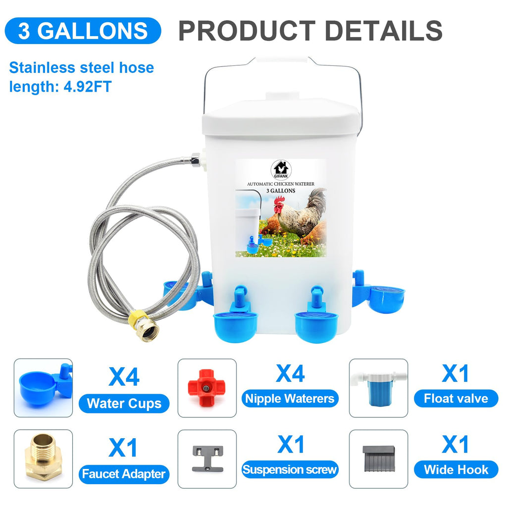 3 Gallons Automatic Poultry Waterer with Hose Attachment V612999