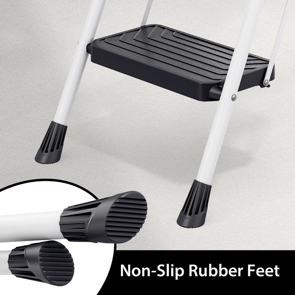 2 Step White Folding Ladder with Anti-Slip Pedals W654093