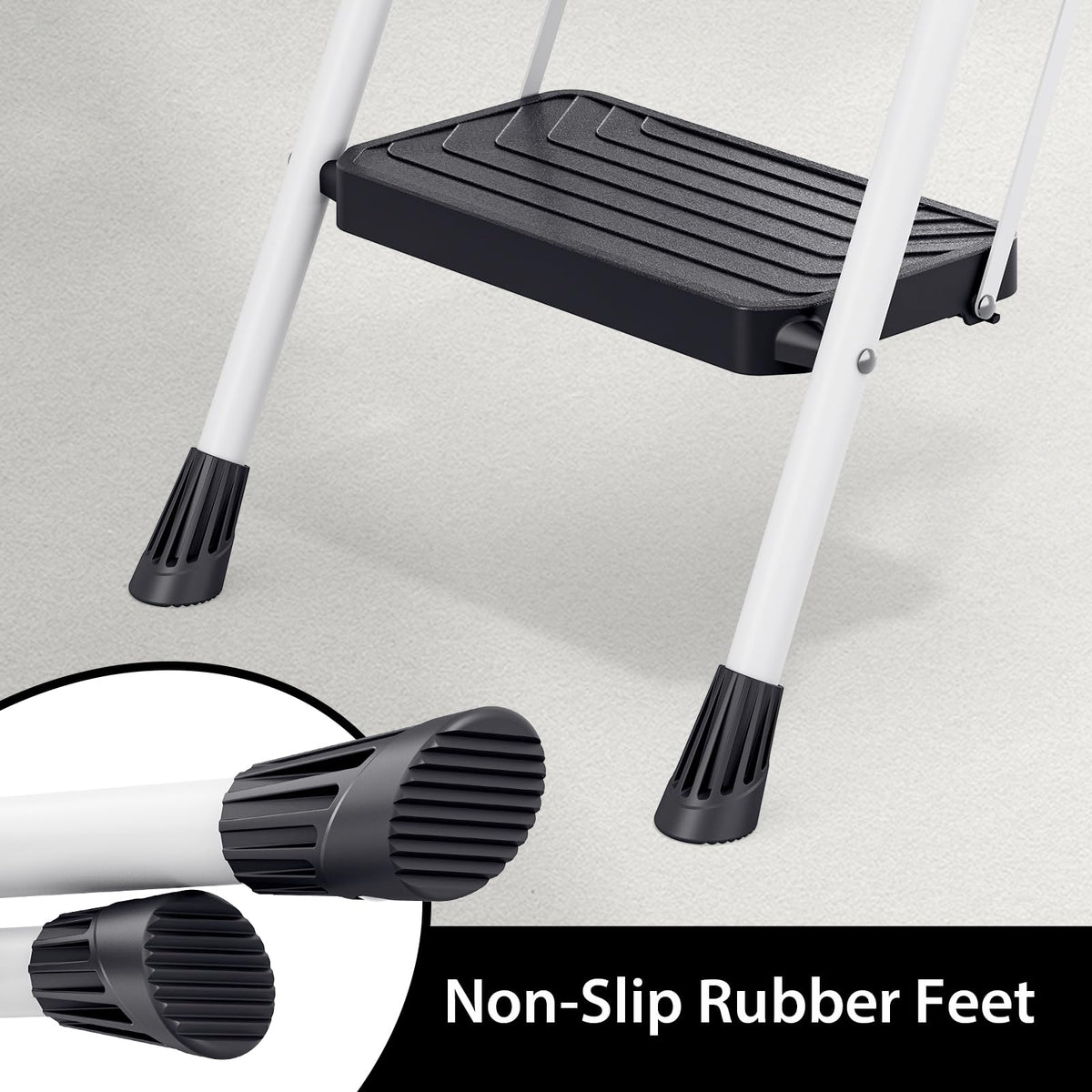 2 Step White Folding Ladder with Anti-Slip Pedals W654093