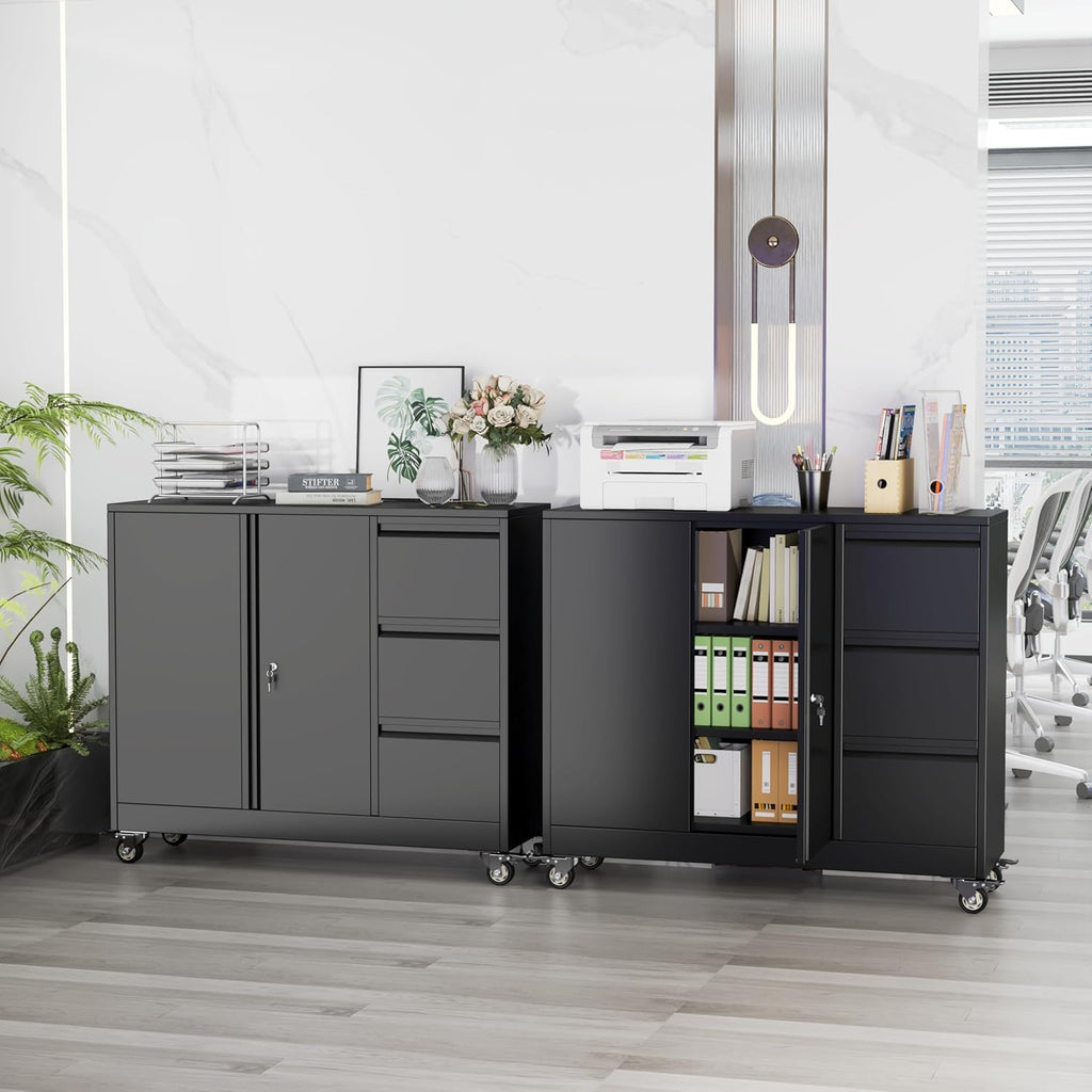 47" H 3 Drawer Black Rolling Metal File Cabinet with Adjustable Shelf & Wheels X327200