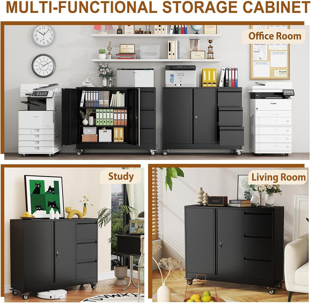 47" H 3 Drawer Black Rolling Metal File Cabinet with Adjustable Shelf & Wheels X327200
