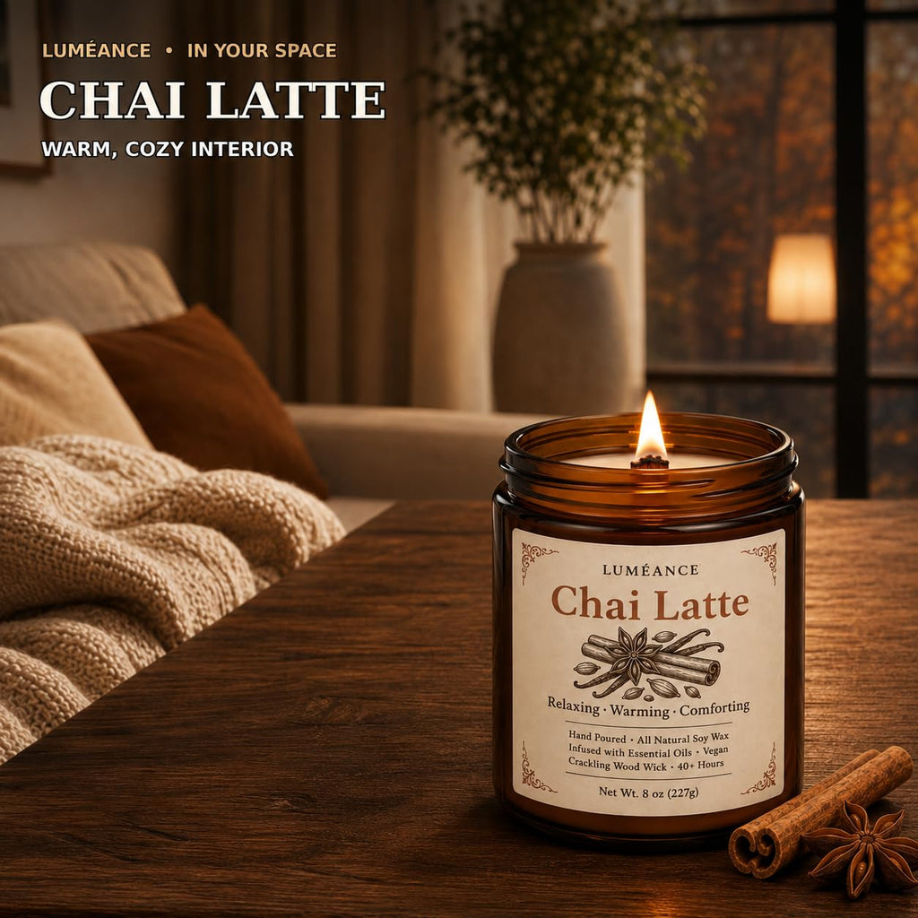 Chai Latte Scented Candle, 8 oz, Soy Wax, Crackling Wood Wick I6316