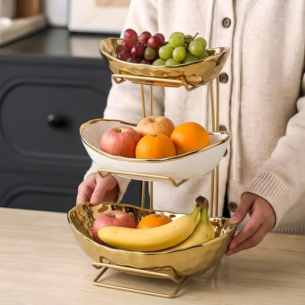 3-Tier Gold Fruit Bowl & Tray with Metal Stand A516