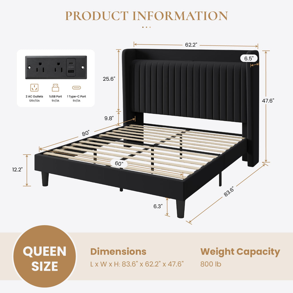 Queen Size Black Velvet Bed Frame with Shelf Z619