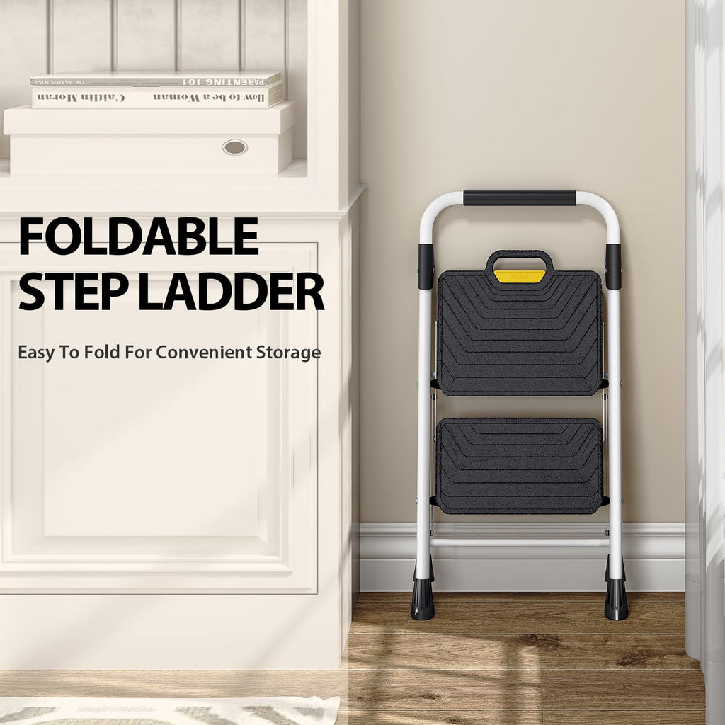 2 Step White Folding Ladder with Anti-Slip Pedals W654093