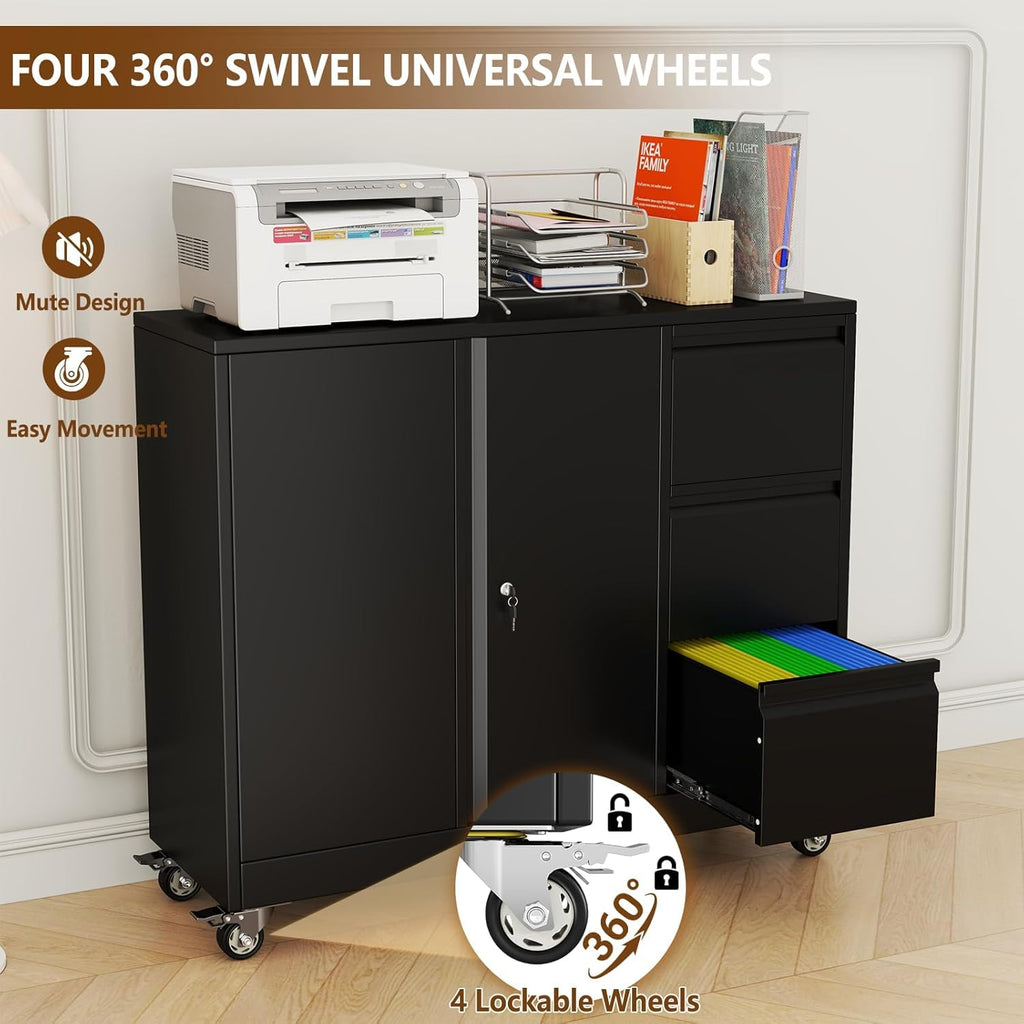 47" H 3 Drawer Black Rolling Metal File Cabinet with Adjustable Shelf & Wheels X327200