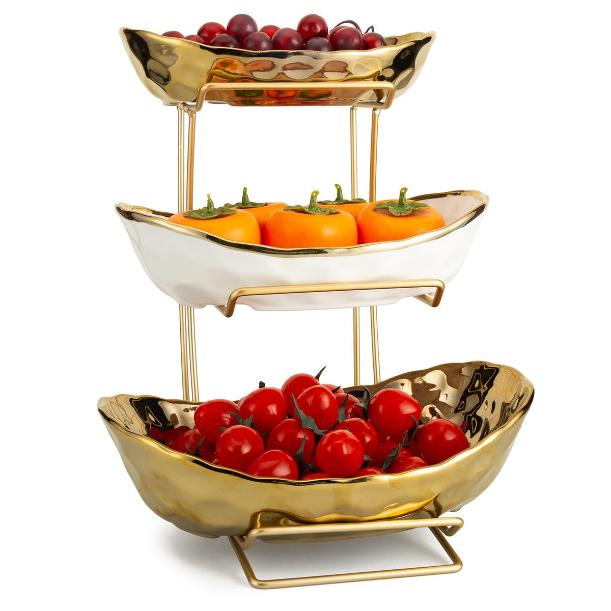 3-Tier Gold Fruit Bowl & Tray with Metal Stand A516