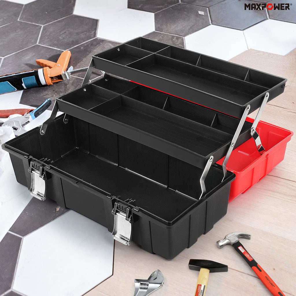 16-Inch Three-Layer Folding Plastic Tool Box with Tray and Dividers R137011