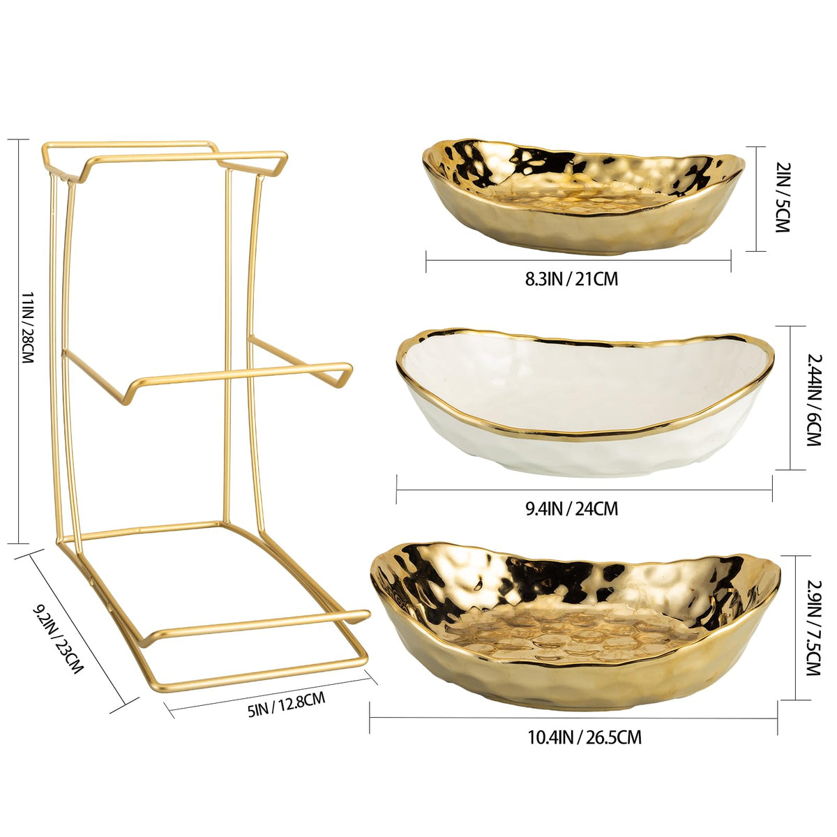 3-Tier Gold Fruit Bowl & Tray with Metal Stand A516