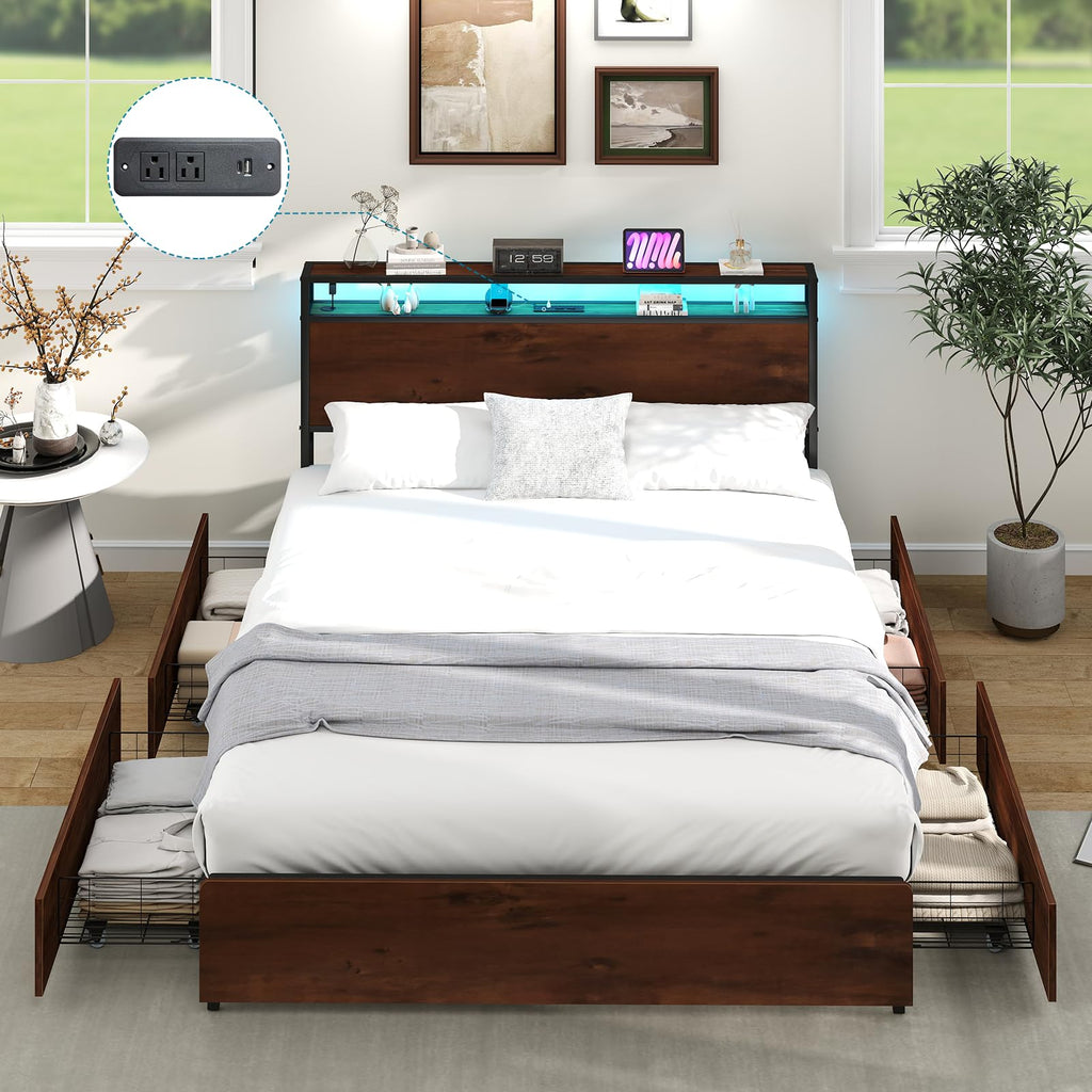 Queen Size Bed Frame with 4 Storage Drawers S345611