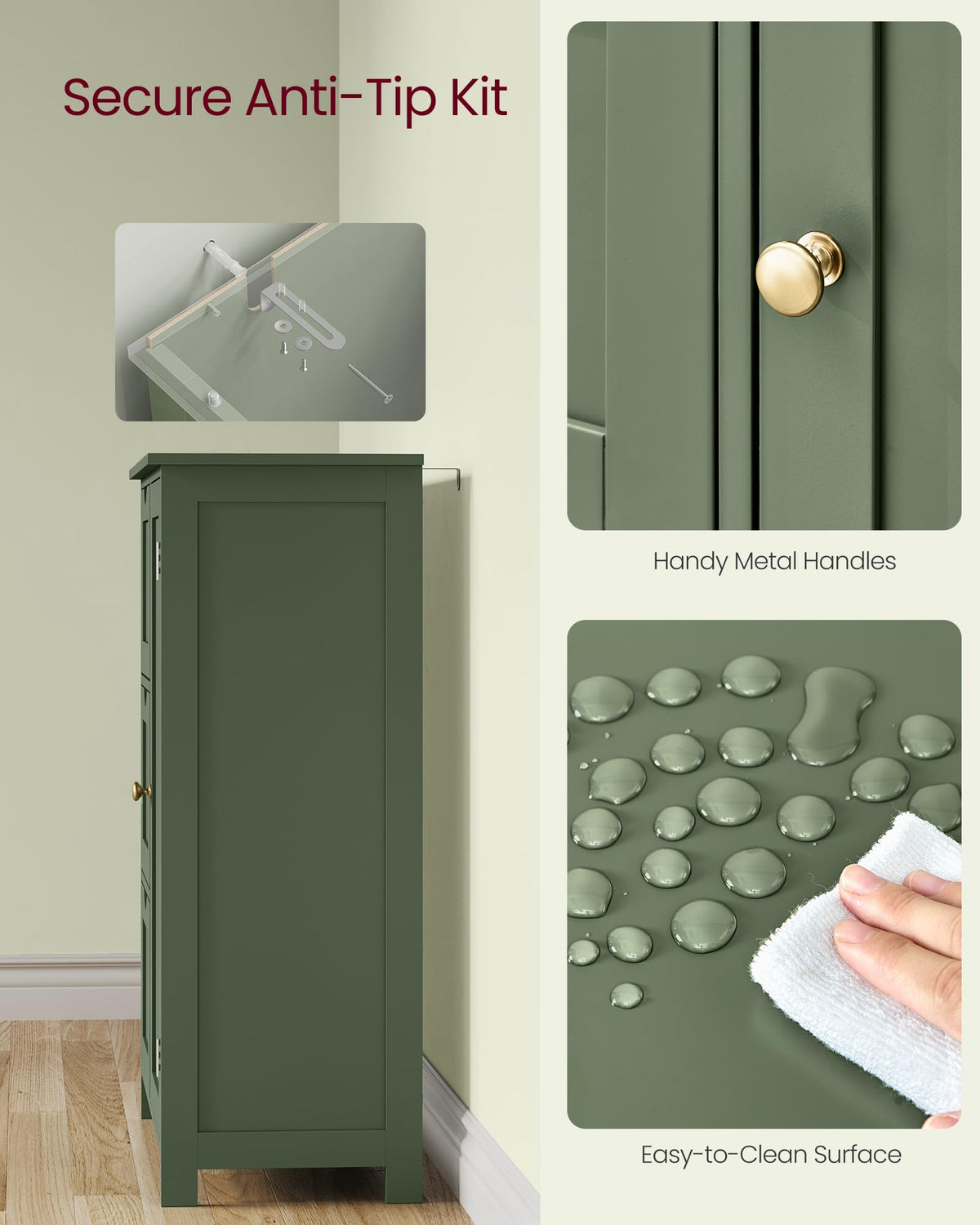 Forest Green 3 Drawer Bathroom Floor Storage Cabinet S782174