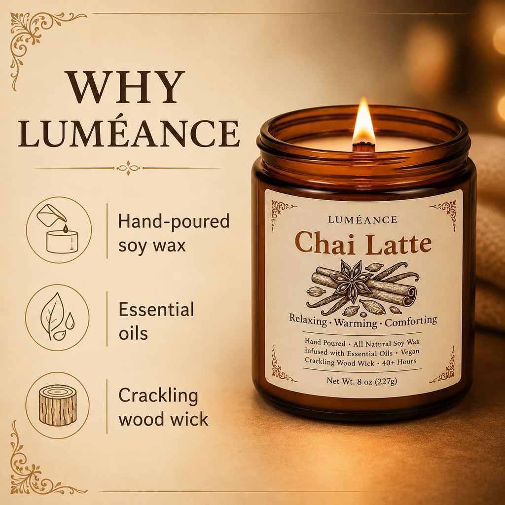 Chai Latte Scented Candle, 8 oz, Soy Wax, Crackling Wood Wick I6316