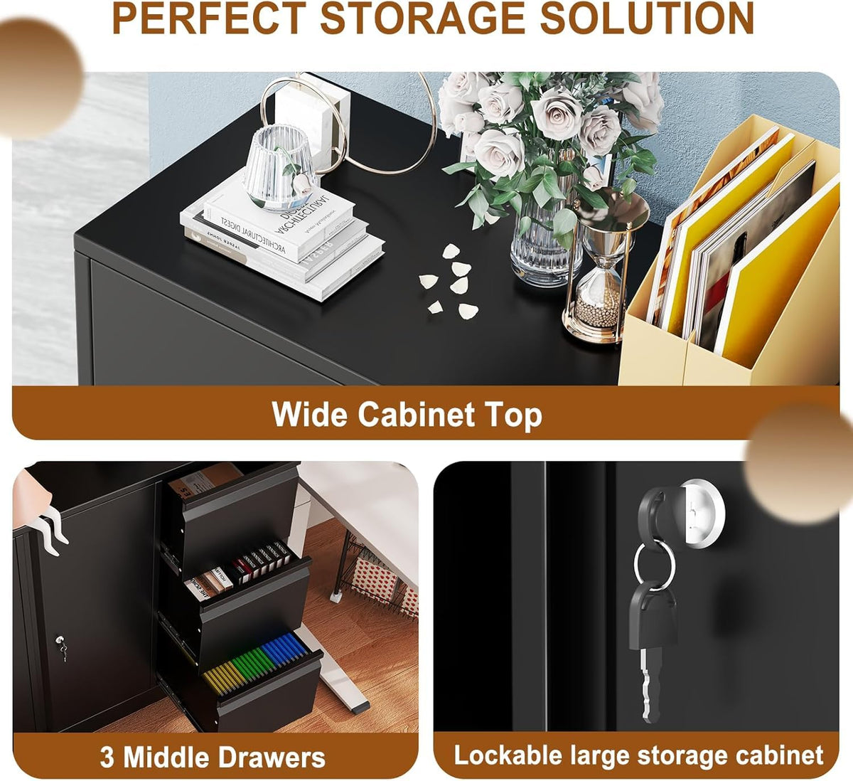 47" H 3 Drawer Black Rolling Metal File Cabinet with Adjustable Shelf & Wheels X327200