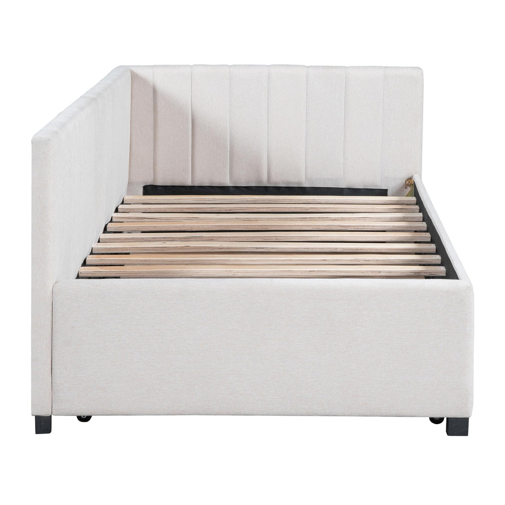 Twin Size Upholstered Daybed with Trundle Linen Fabric Wooden Sofa Bed Frame B69326