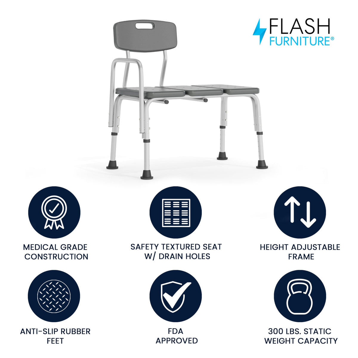 Adjustable Gray Bath & Shower Transfer Bench with Back and Side Arm Y217