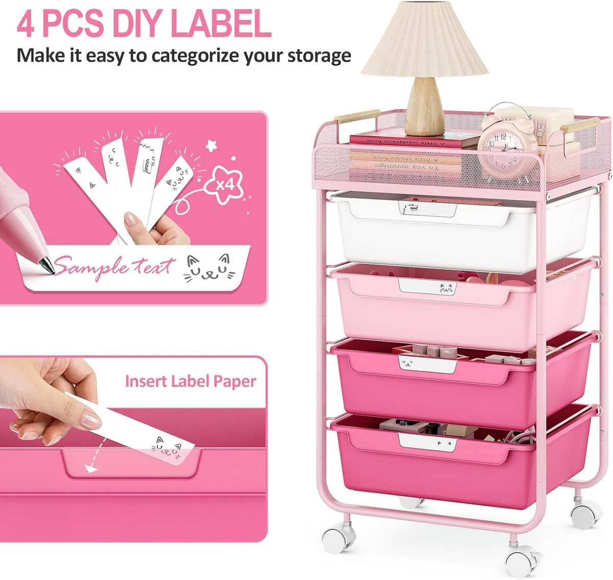 4-Drawer Rolling Storage Cart with Mesh Top H28470