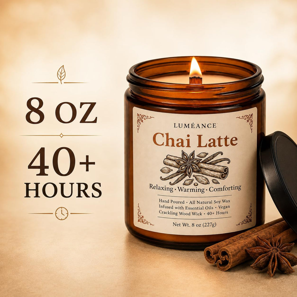 Chai Latte Scented Candle, 8 oz, Soy Wax, Crackling Wood Wick I6316