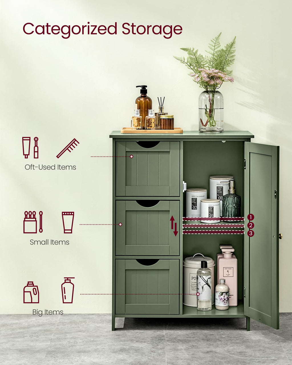 Forest Green 3 Drawer Bathroom Floor Storage Cabinet S782174
