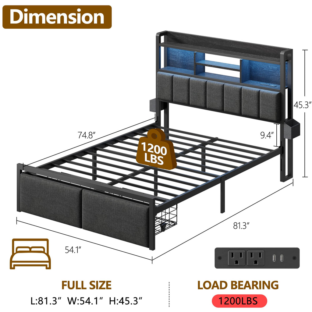 Full Size Bed Frame with Headboard and Drawers Y50373